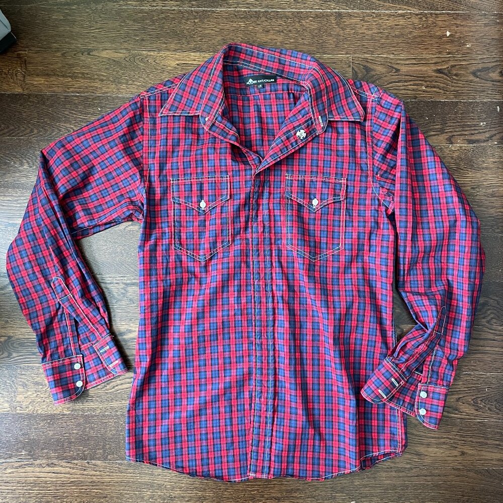 Men's Moose Knuckles Red Plaid Shirt with Snap Closures-Size Medium